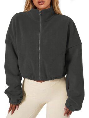 Women's Grey Full ZIP Sherpa Coat Stand Collar Warm Cropped Fleece Jacket